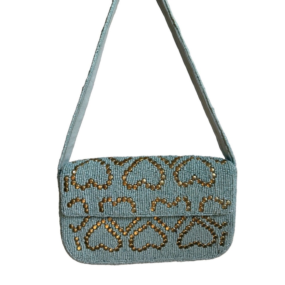 Anthropologie Maeve The Fiona Beaded Shoulder Bag Mint Gold Hearts Rare Y2K